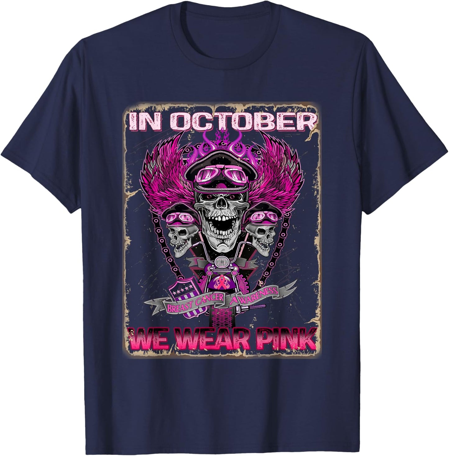 In October We Wear Pink Motorcycle Breast Cancer Biker Skull T-Shirt - T-Shirt | Navy
