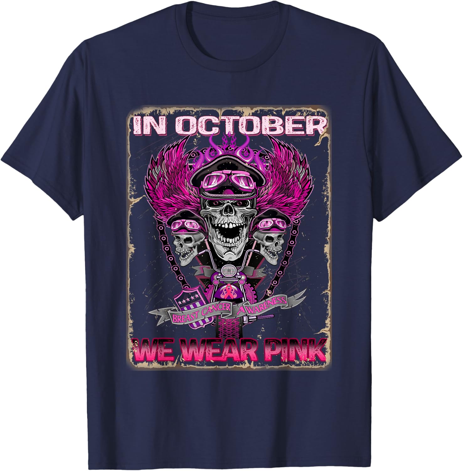 In October We Wear Pink Motorcycle Breast Cancer Biker Skull T-Shirt - T-Shirt | Navy