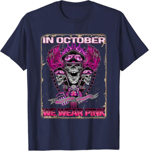 In October We Wear Pink Motorcycle Breast Cancer Biker Skull T-Shirt - T-Shirt | Navy