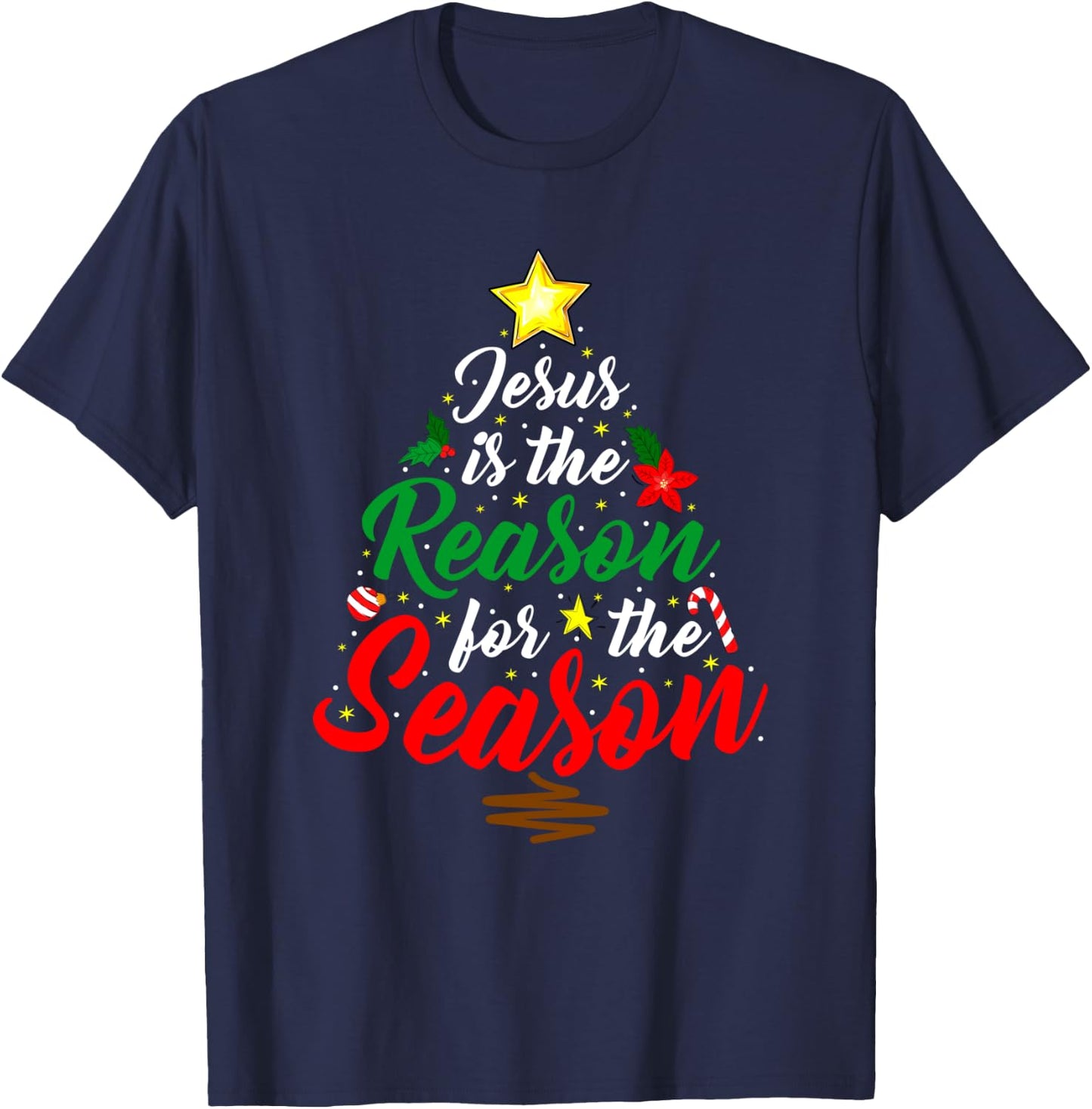 Christian Jesus The Reason Christmas Tree Xmas Religious T-Shirt - T-Shirt | Navy