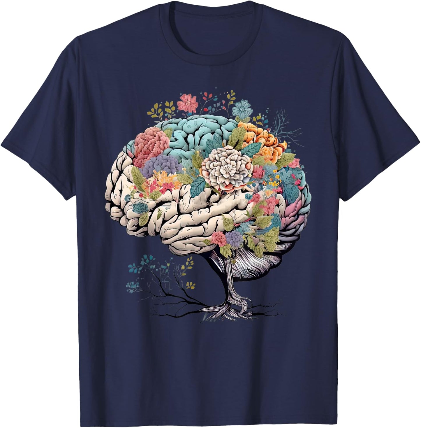 Floral Anatomical Brain Tree Mental Health Awareness T-Shirt - T-Shirt | Navy