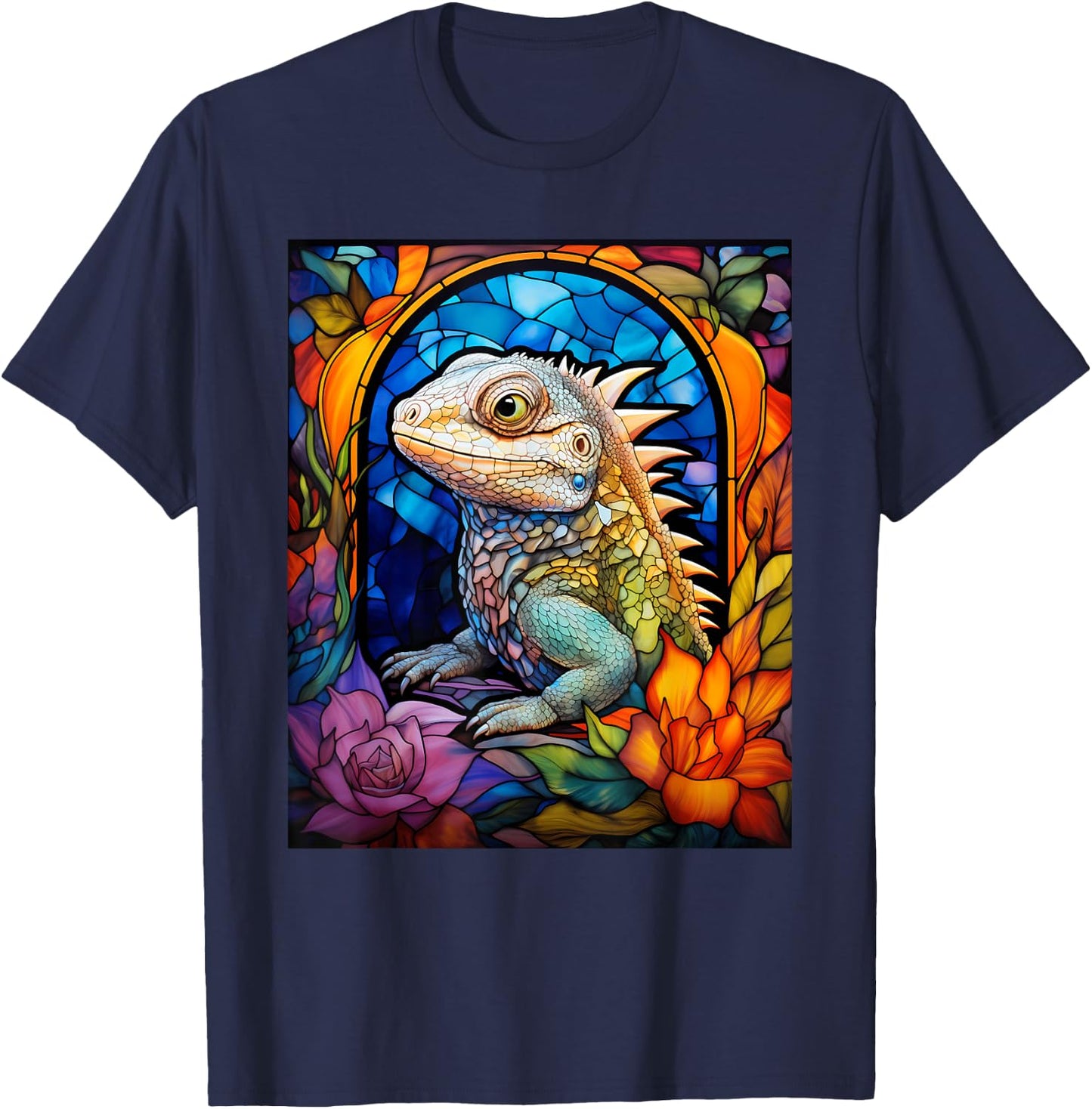 Stained Glass Style Tuatara T-Shirt - T-Shirt | Navy