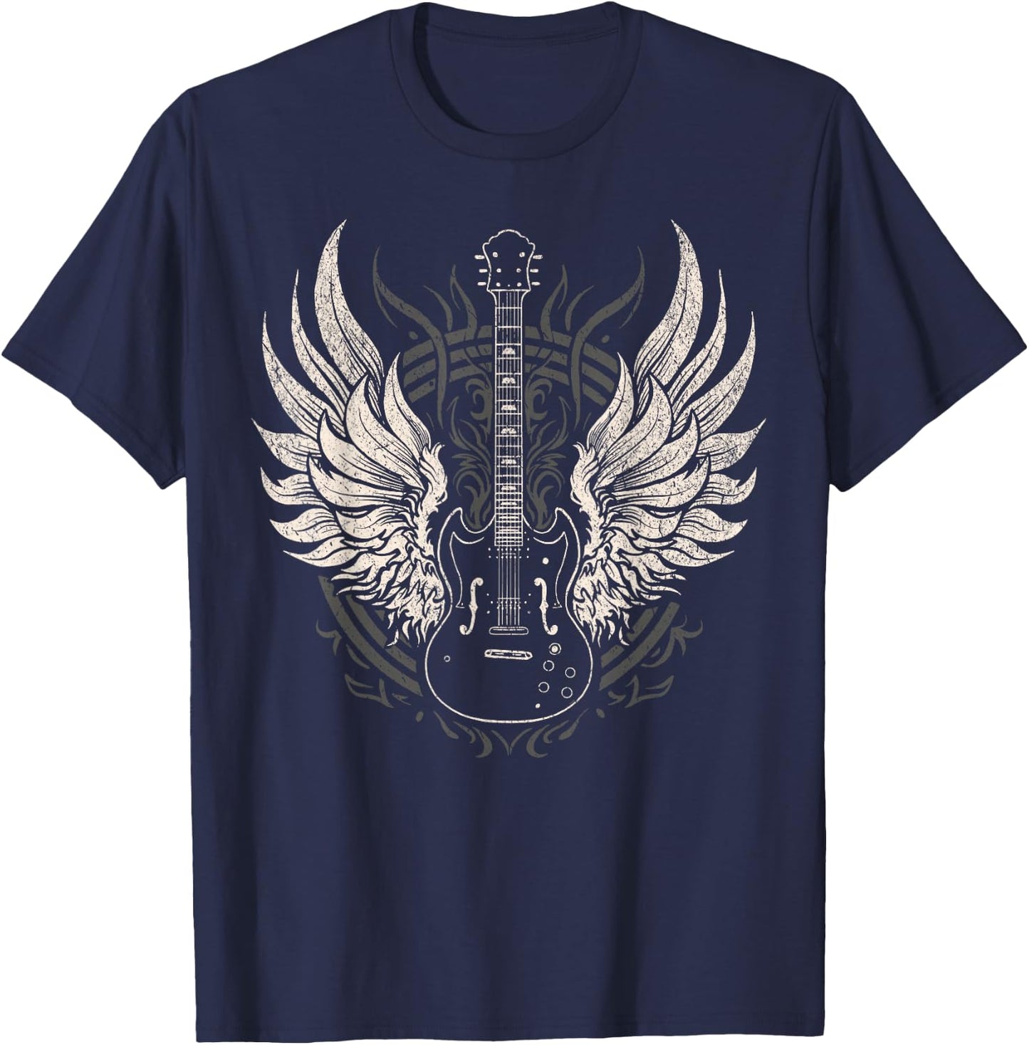 Rock & Roll Music Lover Guitar with Wings Retro Vintage T-Shirt - T-Shirt | Navy