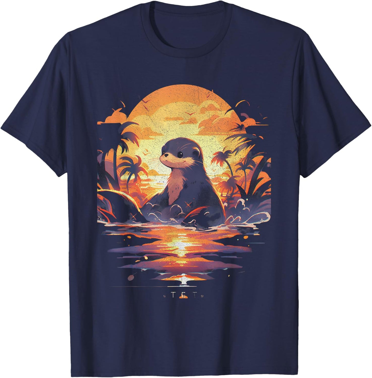 Cute Sunset Otter Tropical Beach Illustration Animal T-Shirt - T-Shirt | Navy