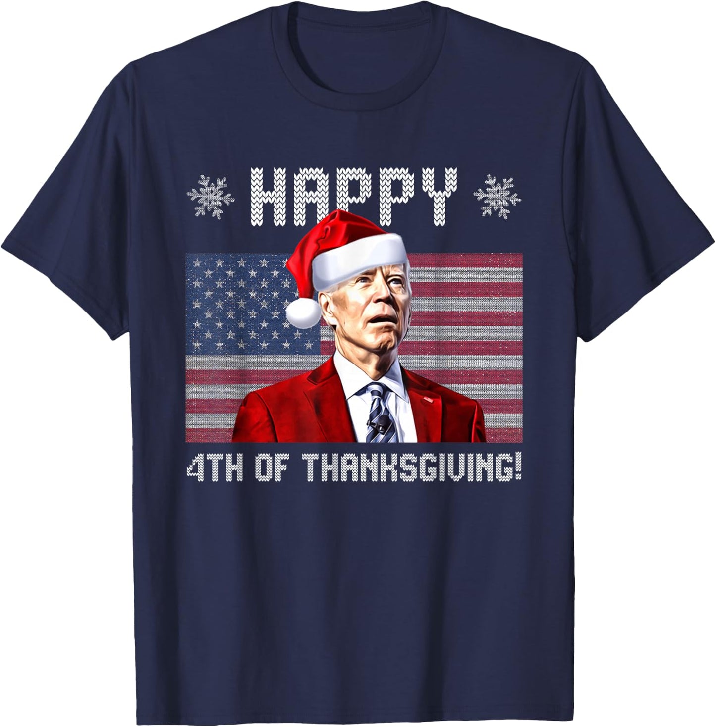 Happy 4th of Thanksgiving Christmas Biden Santa USA Flag T-Shirt - T-Shirt | Navy
