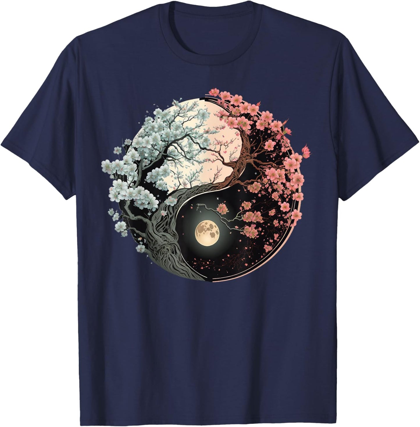 Taoism Yin Yang Cherry Blossom on Taijitu Yin Yang T-Shirt - T-Shirt | Navy