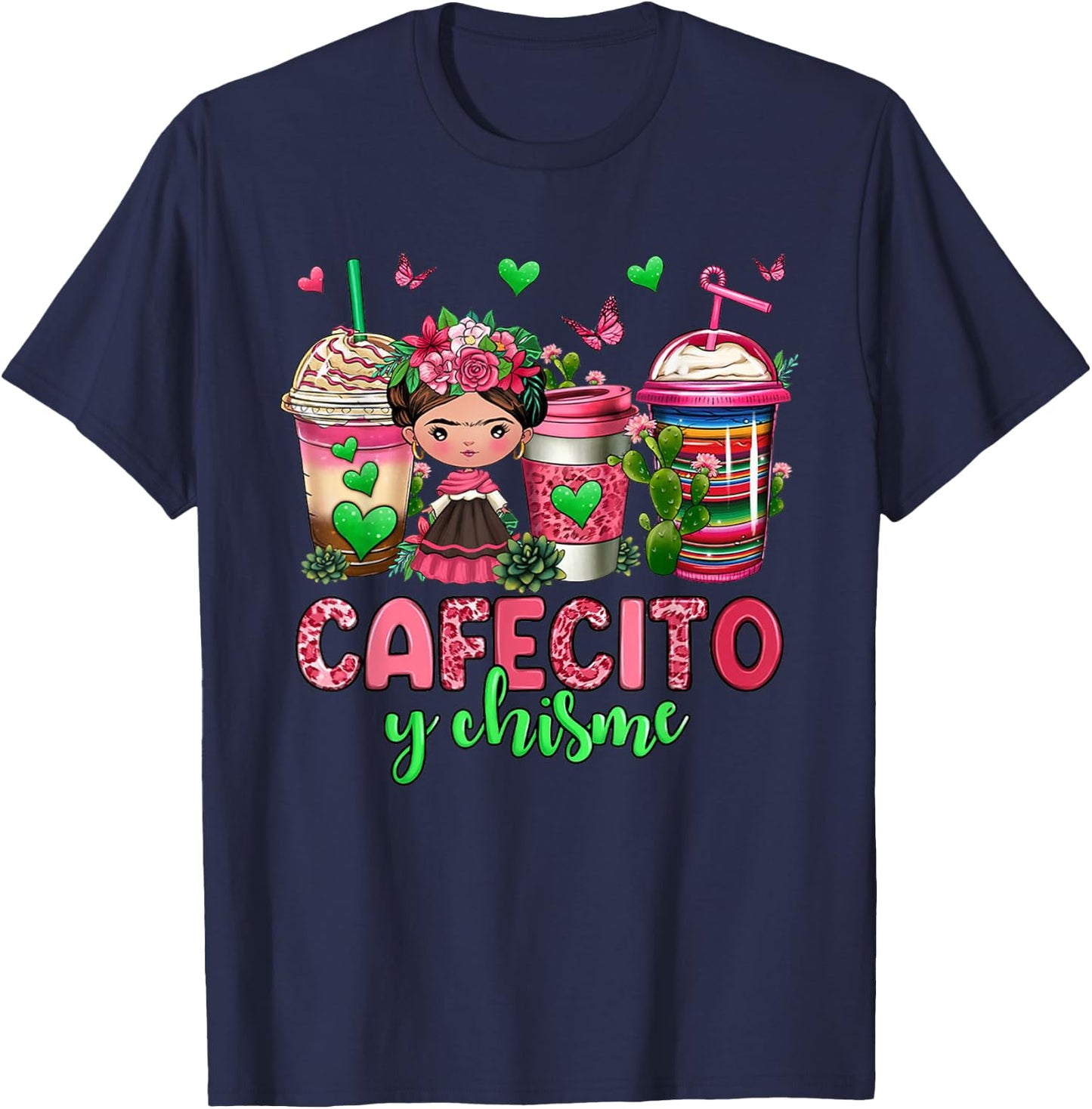 Cafecito y chisme coffee cups T-Shirt - T-Shirt | Navy