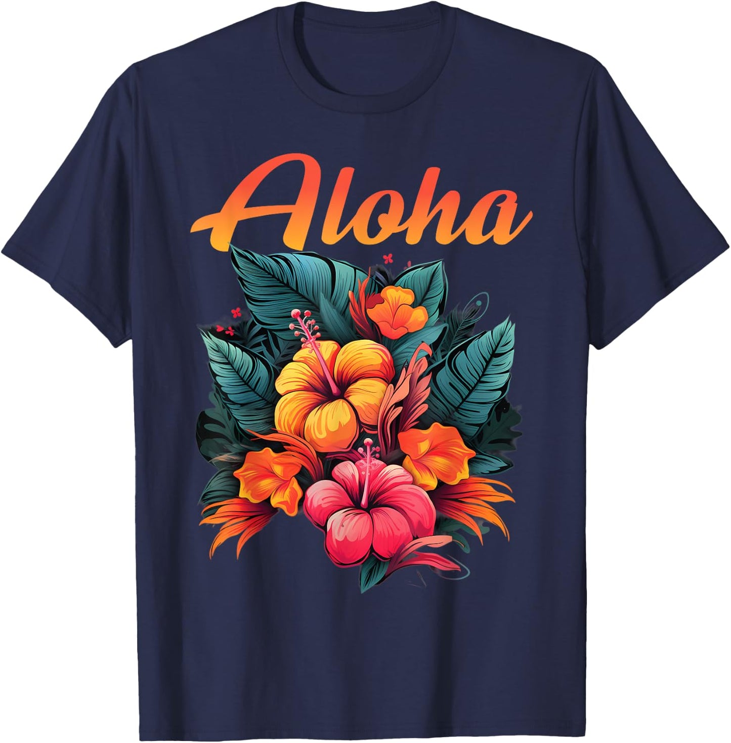 Aloha Tropical Hawaiian Flowers Hibiscus Orchid Hawaiian T-Shirt - T-Shirt | Navy