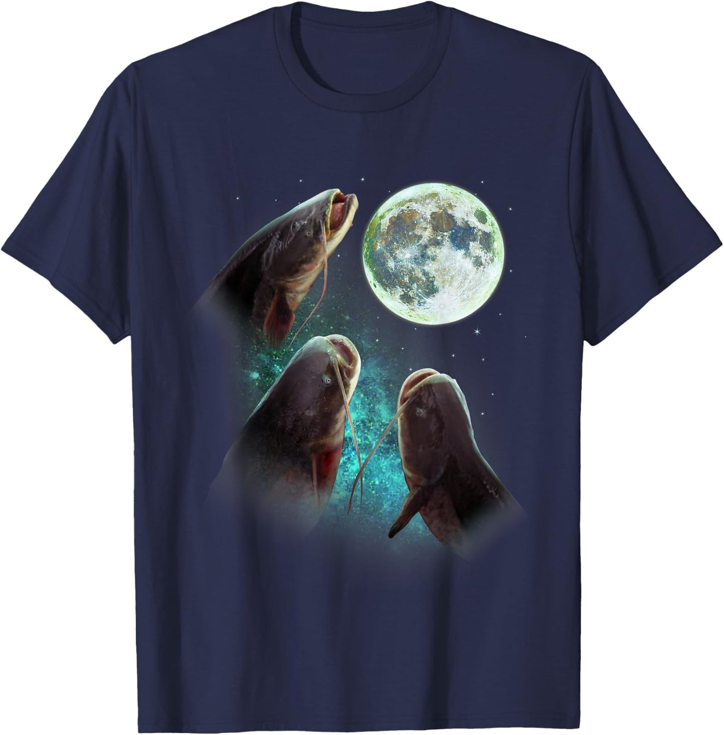 Fisherman Three Catfish Howl At Moon Wolfs Wolves Parody T-Shirt - T-Shirt | Navy