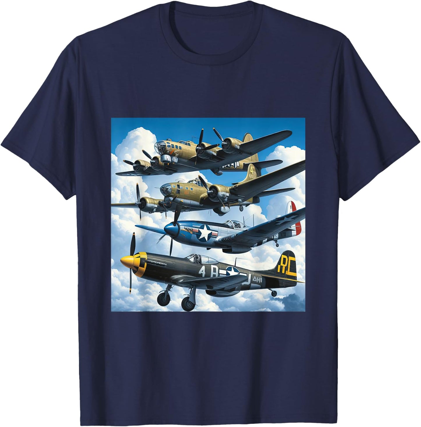 WW2 Warplanes B-17 P51 Mustang F4U Corsair P40 Warhawk T-Shirt - T-Shirt | Navy