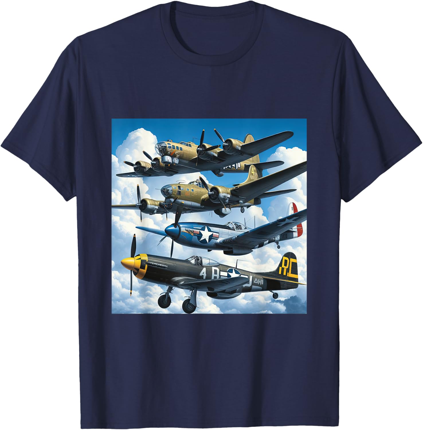 WW2 Warplanes B-17 P51 Mustang F4U Corsair P40 Warhawk T-Shirt - T-Shirt | Navy