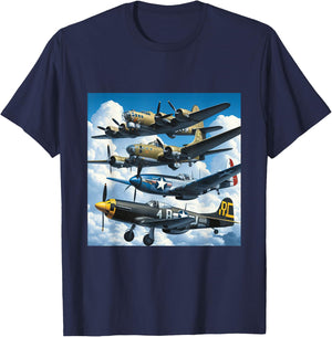 WW2 Warplanes B-17 P51 Mustang F4U Corsair P40 Warhawk T-Shirt - T-Shirt | Navy