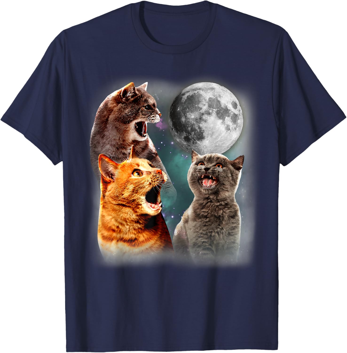 3 Moon Howling Cat Head For Cat Lover, Dad, Mom T-Shirt - T-Shirt | Navy
