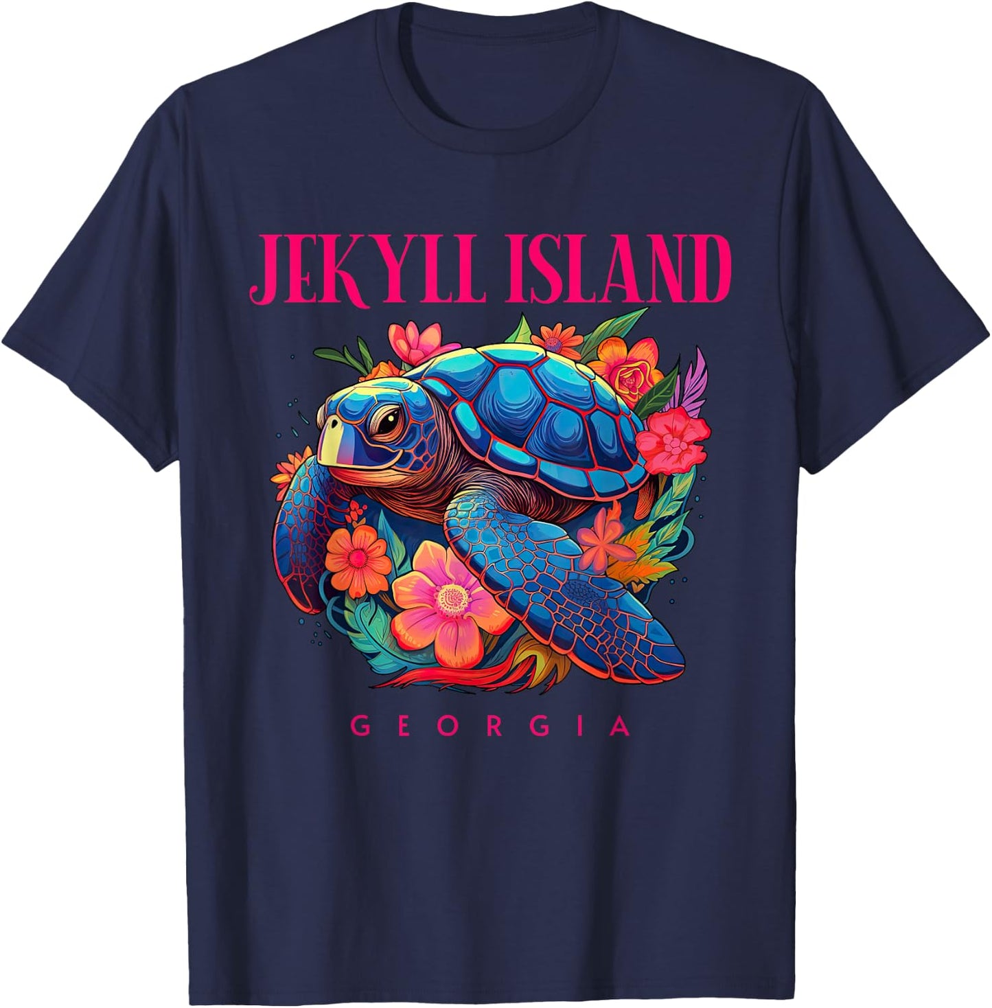 Jekyll Island Georgia Floral Beach Turtle Souvenir T-Shirt - T-Shirt | Navy