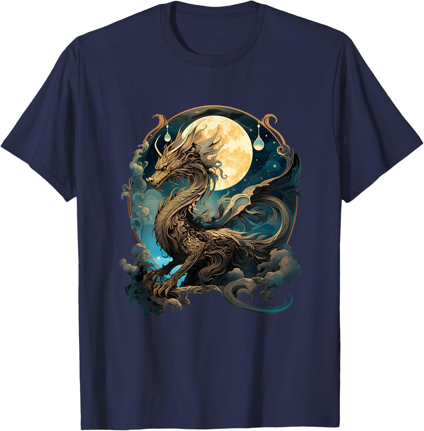 Beautiful Lunar Gold Dragon Floral Art Noveau T-Shirt - T-Shirt | Navy
