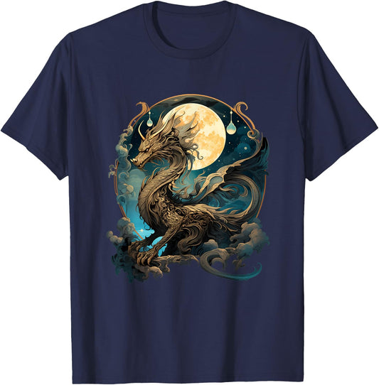 Beautiful Lunar Gold Dragon Floral Art Noveau T-Shirt - T-Shirt | Navy