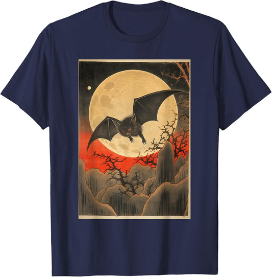 Japanese Woodblock Art 1905 Bat in Moon Meiji Era T-Shirt - T-Shirt | Navy