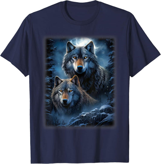 Wolf Wolves in Forest by Night Moon Fantasy Art Wildlife T-Shirt - T-Shirt | Navy