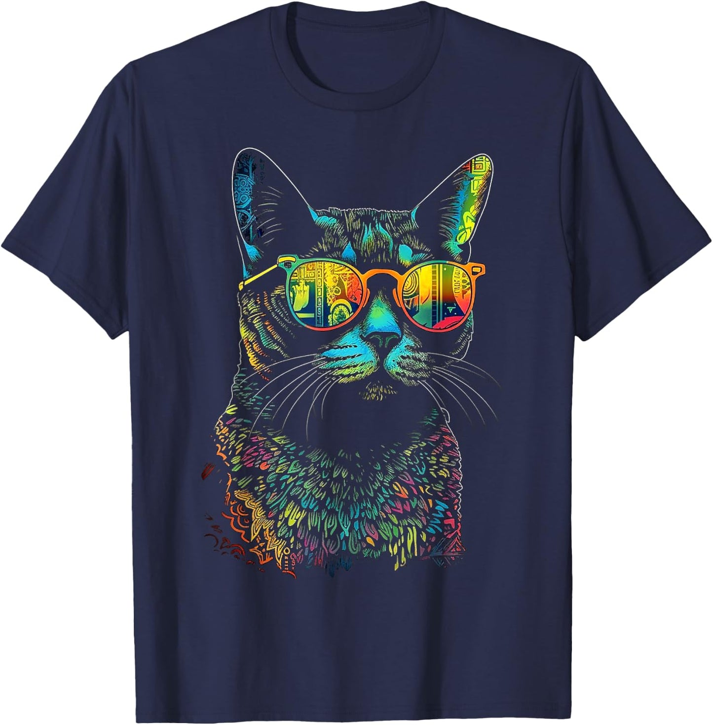 Cat Sunglaess Colorful Artwork | Animal Motif Cat T-Shirt - T-Shirt | Navy