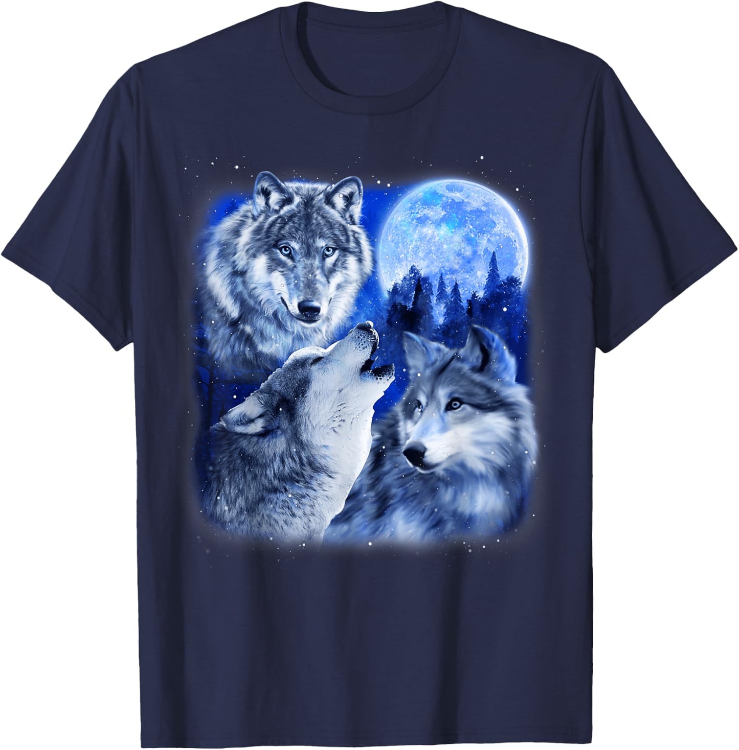 Three Wolves 3 Grey Wolf Howling At The Moon Wild Animal T-Shirt - T-Shirt | Navy