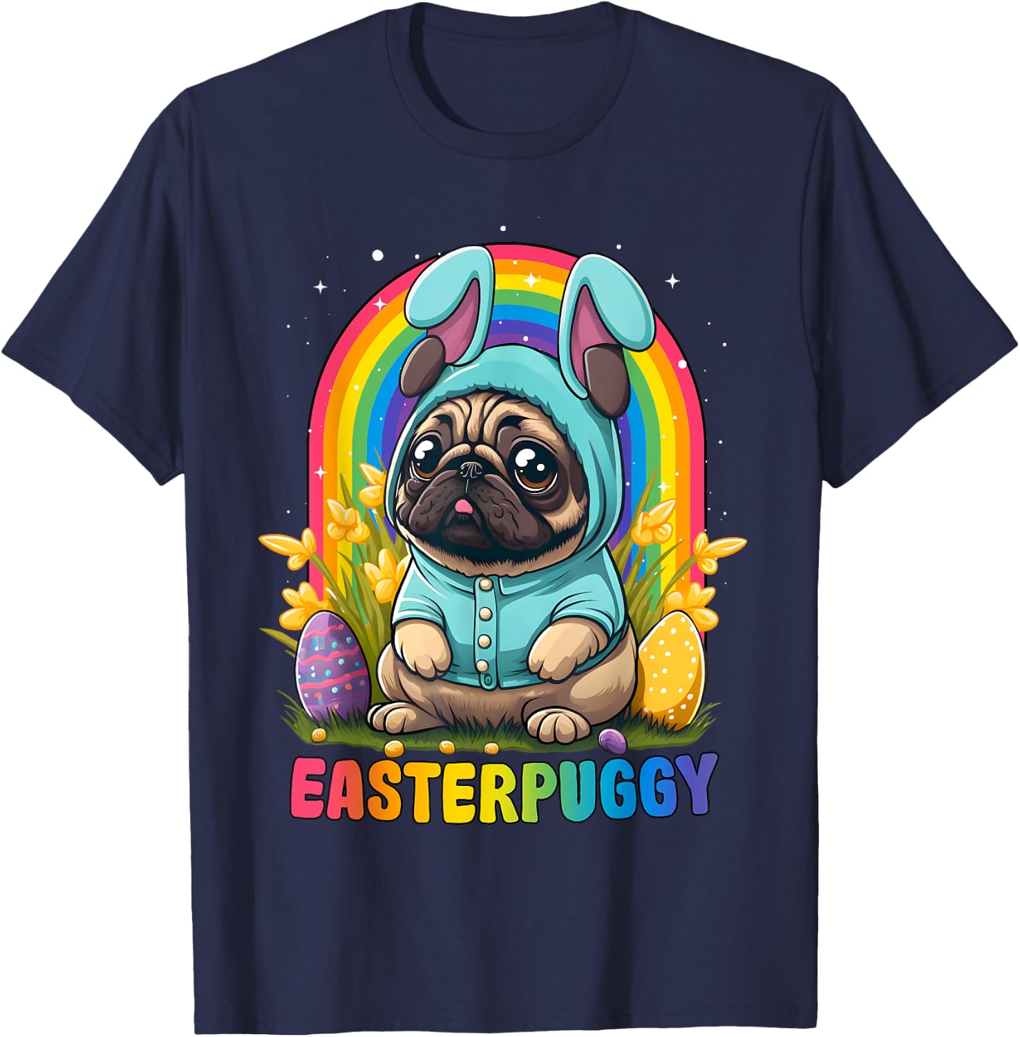 Funny Easter Pug Dog Easterpuggy Cute Pug Lover Rainbow Women Kids T-Shirt - T-Shirt | Navy