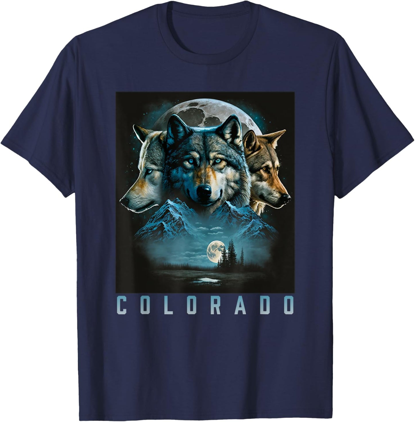 Colorado Mountain Wolf - Three Wolf Moon & Stars Retro T-Shirt - T-Shirt | Navy