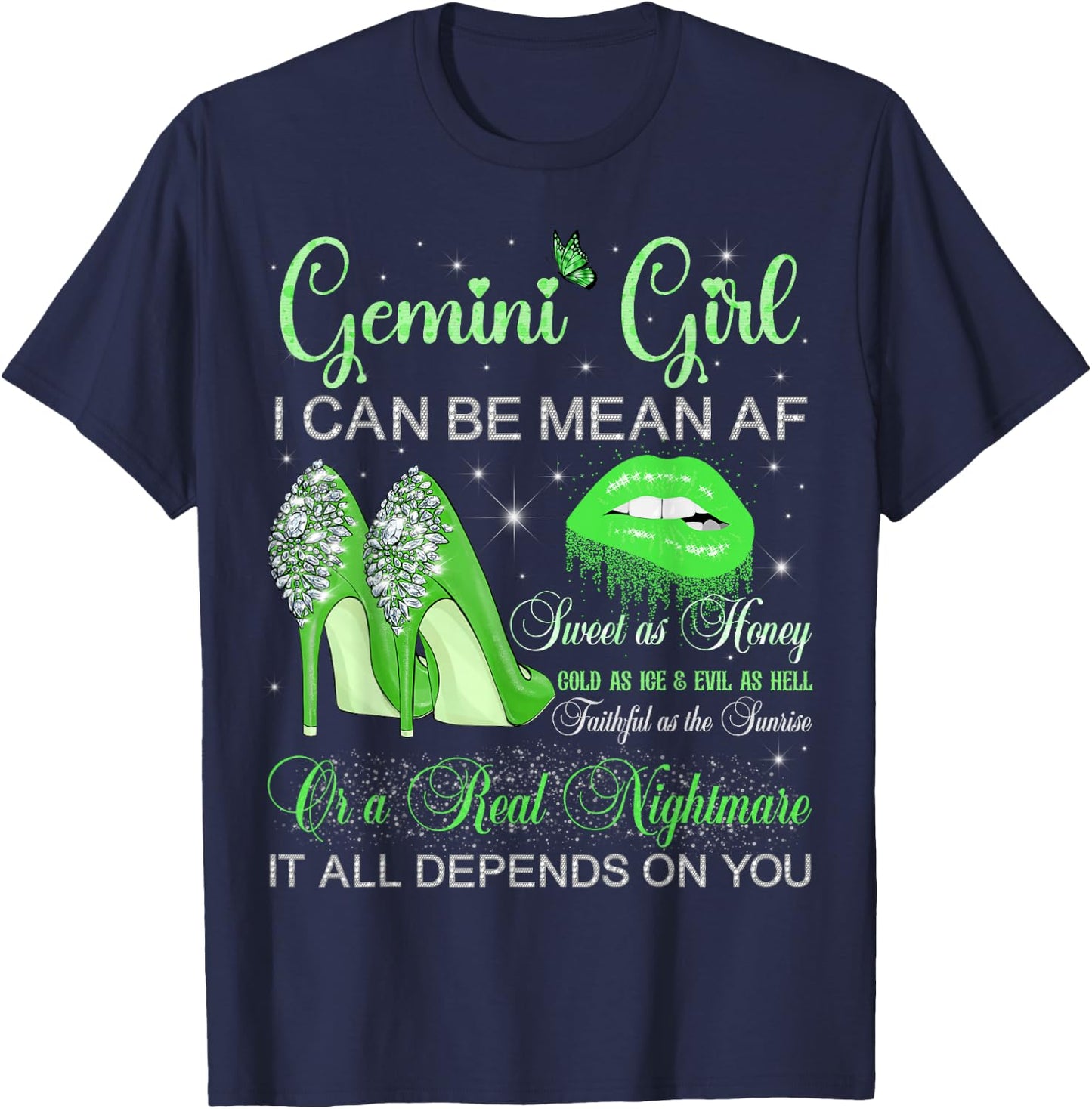 Gemini Girl Birthday High Heels Dripping Lips Butterfly T-Shirt - T-Shirt | Navy