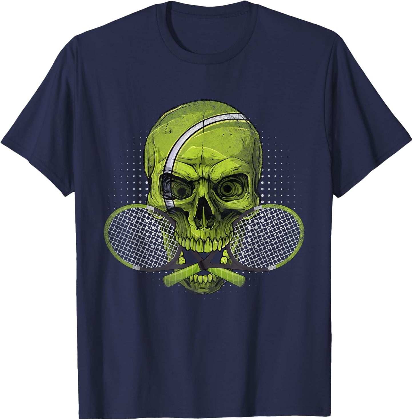 Skeleton Head Skull Tennis Ball & Rackets Happy Halloween T-Shirt - T-Shirt | Navy