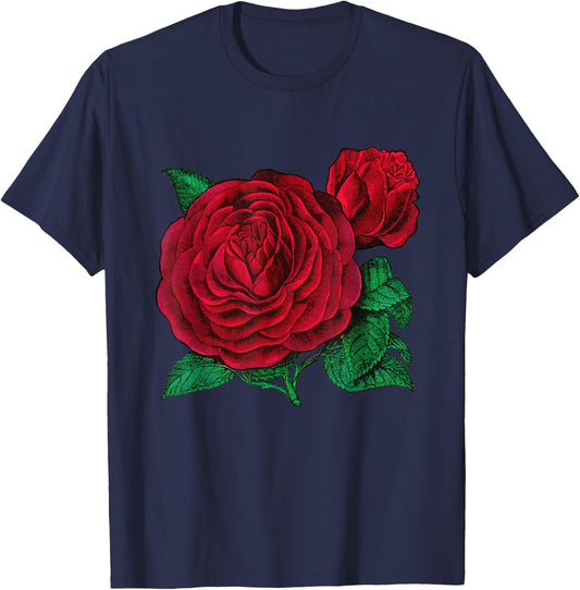 Vintage Red Roses Flower Floral Illustration Blossom Lovers T-Shirt - T-Shirt | Navy