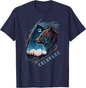 Colorado Mountain Bear - Bear, Moon, & Stars Retro T-Shirt - T-Shirt | Navy