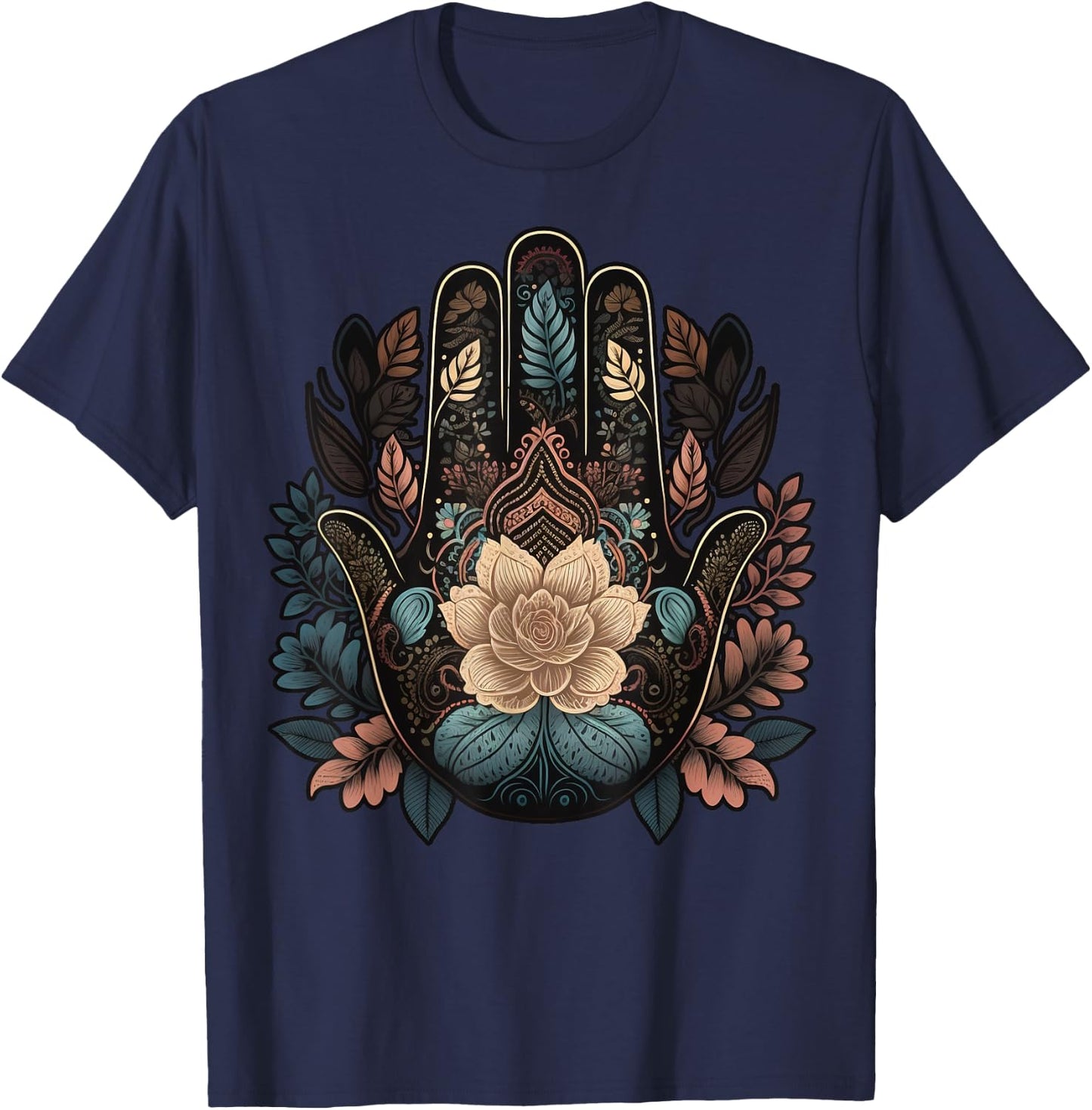 Floral Khamsah or Hand of Fatima on flower Hand of Hamsa T-Shirt - T-Shirt | Navy