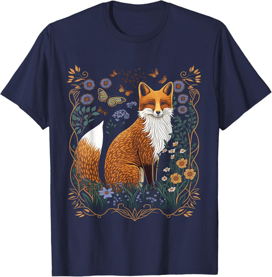 Cottagecore Aesthetic Fox And Flowers Fox Lover T-Shirt - T-Shirt | Navy