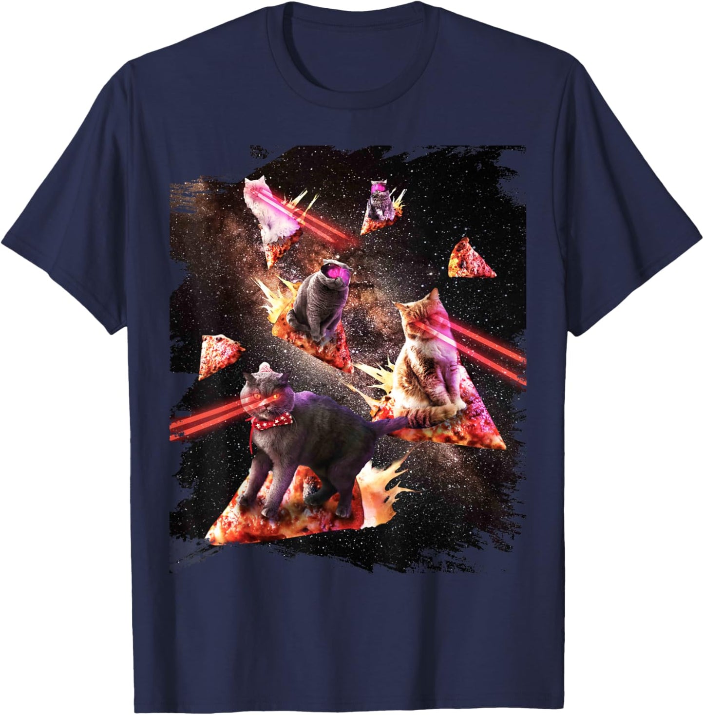 Galaxy Laser Cat - Space Pizza Cats with Lazer Eyes T-Shirt - T-Shirt | Navy