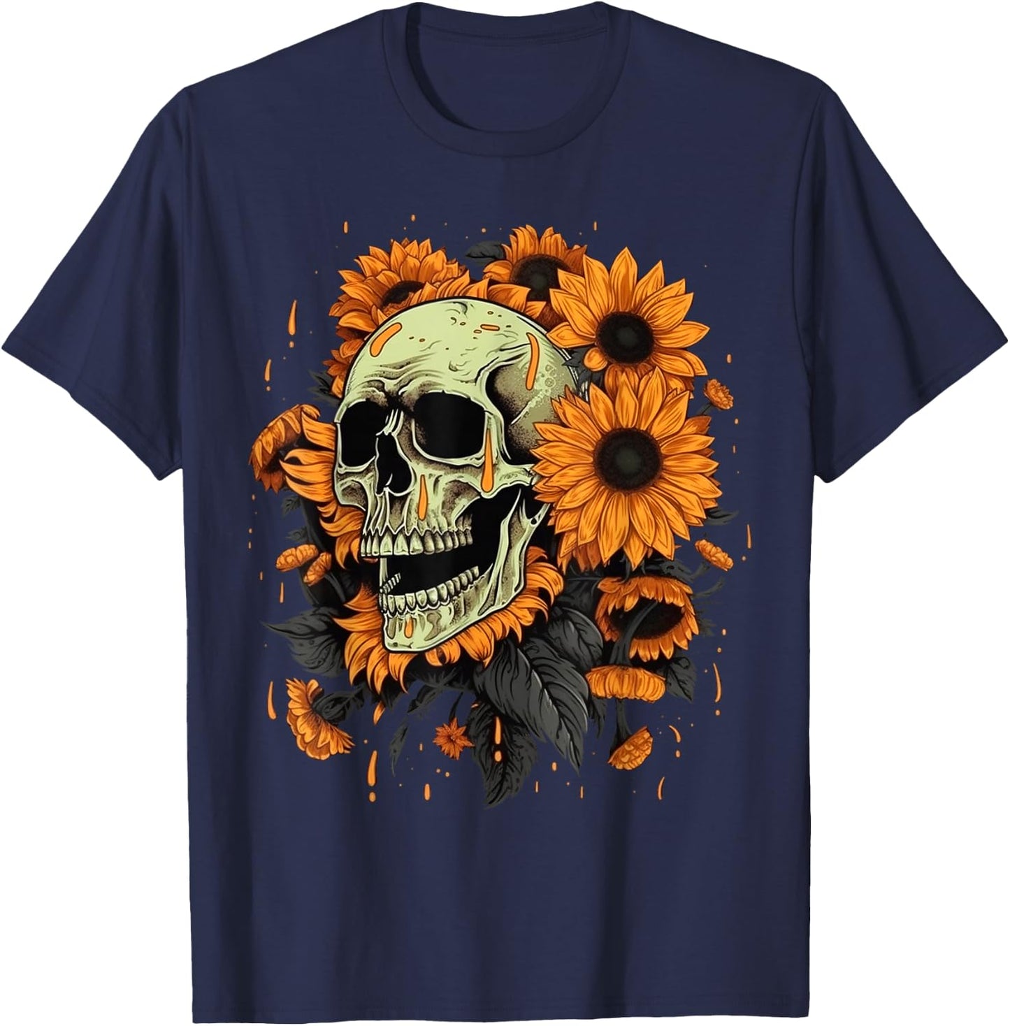 Skull Flowers on Rocker Sunflower Sugar Skull T-Shirt - T-Shirt | Navy