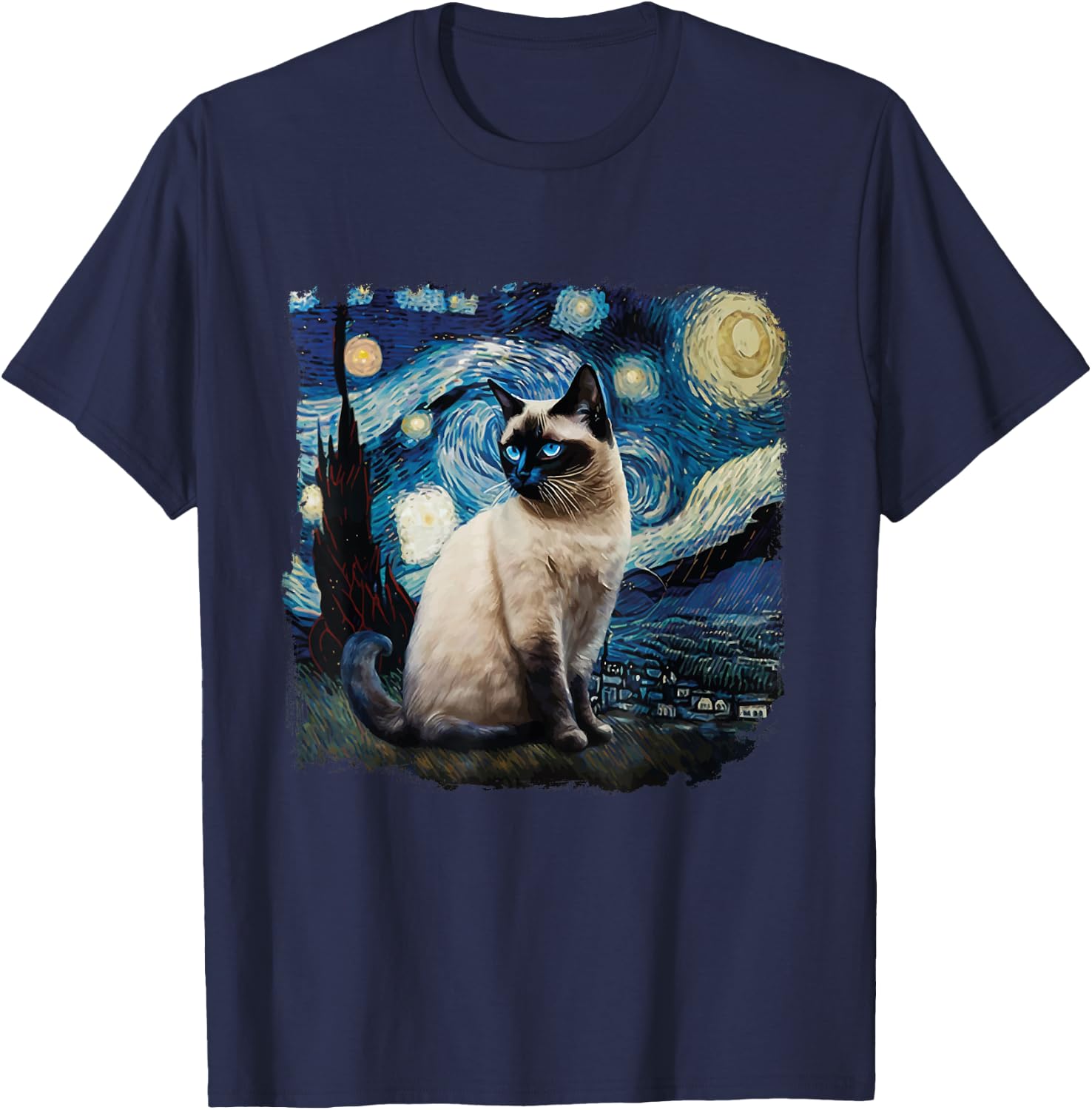 Cute Van Gogh Starry Night Cat Siamese Cat Lover Funny T-Shirt - T-Shirt | Navy