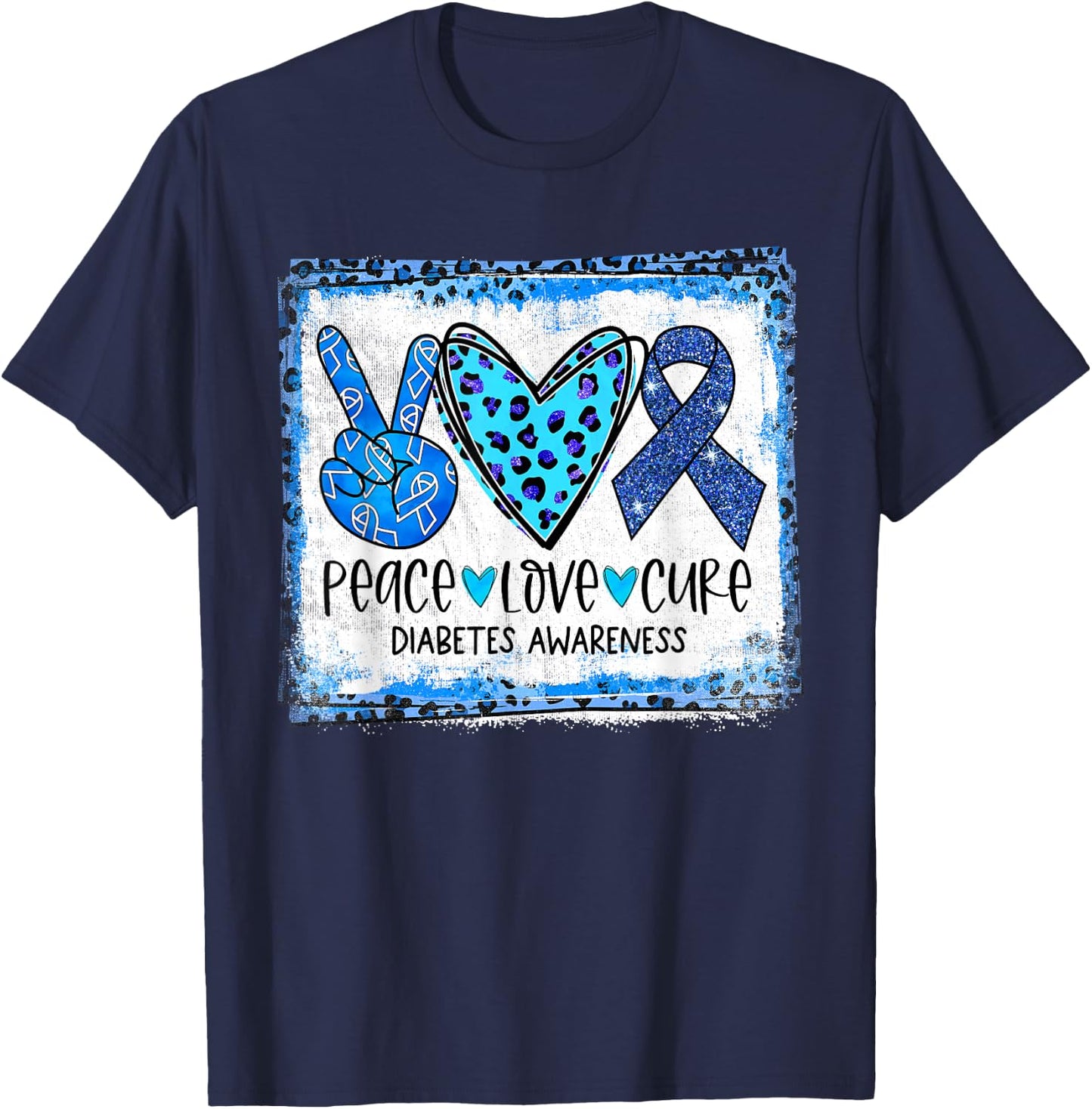 Peace Love Cure Blue Ribbon T1D Type 1 Diabetes Awareness T-Shirt - T-Shirt | Navy