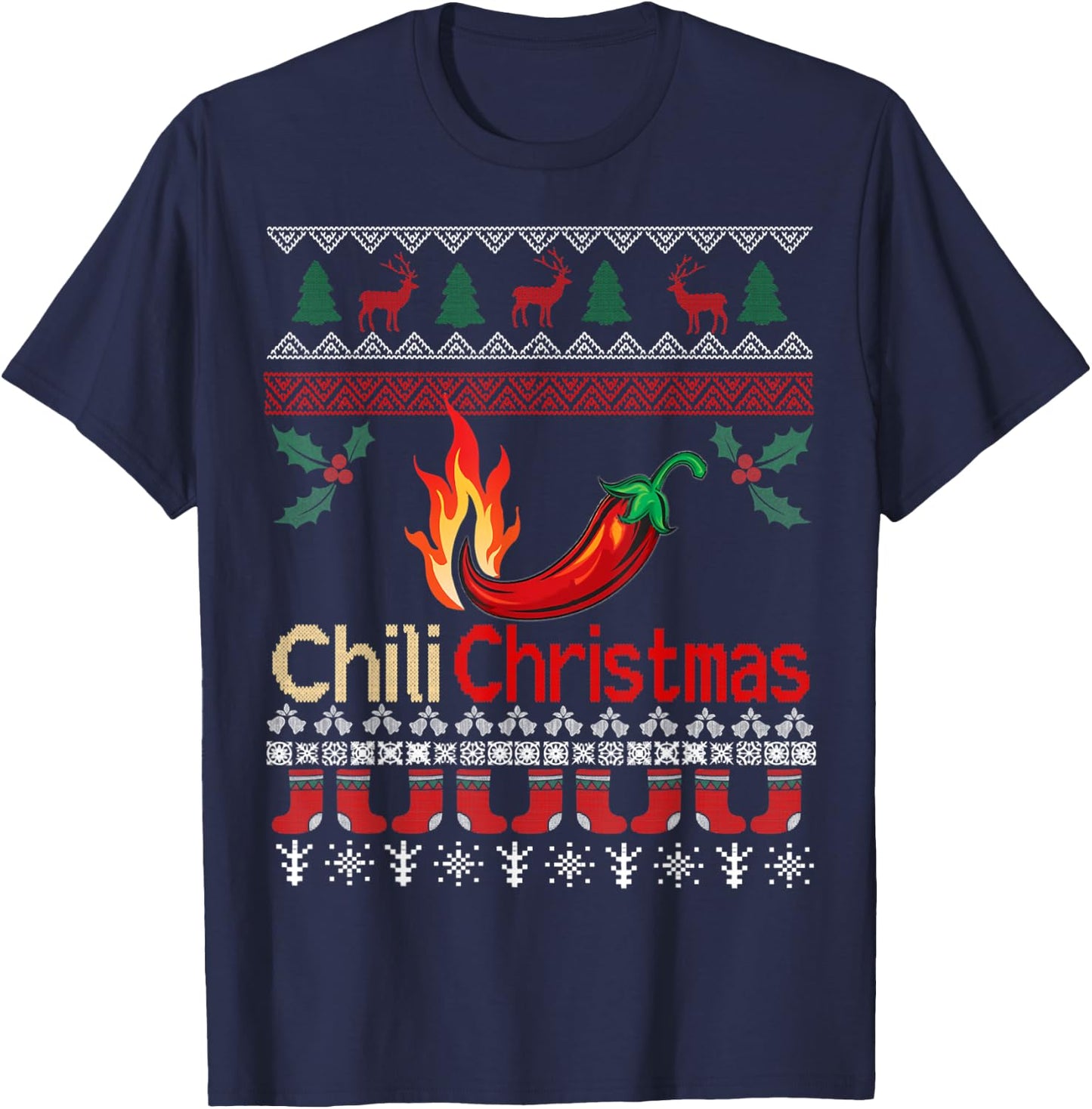 Chili Ugly Christmas Costume, Ugly Christmas Sweater T-Shirt - T-Shirt | Navy