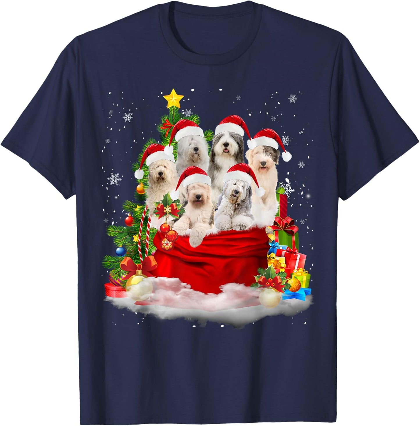 Old English Sheepdog Christmas Santa Claus Bag Xmas Pajama Men Women Kids T-Shirt - T-Shirt | Navy