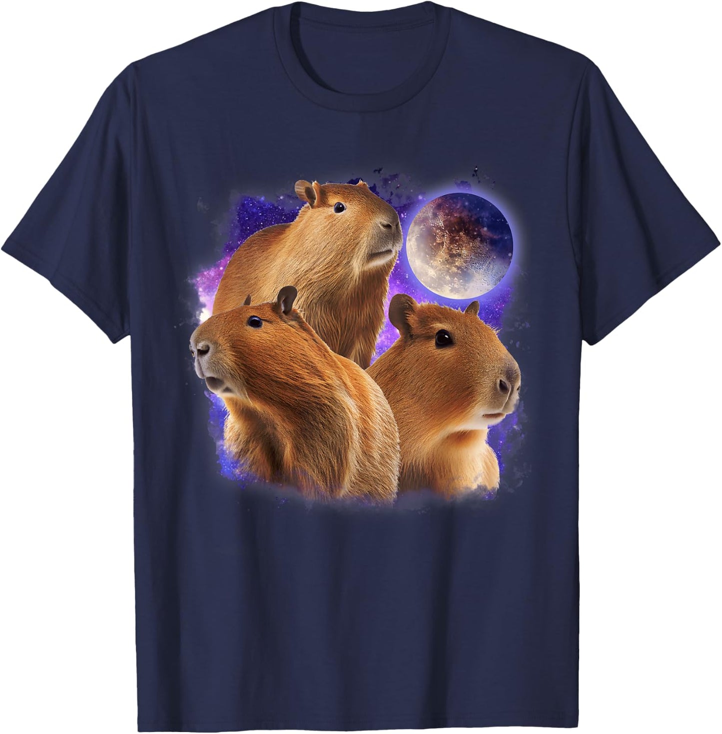 Full Moon Three Capybara Funny 3 Rodent Galaxy Capybaras T-Shirt - T-Shirt | Navy