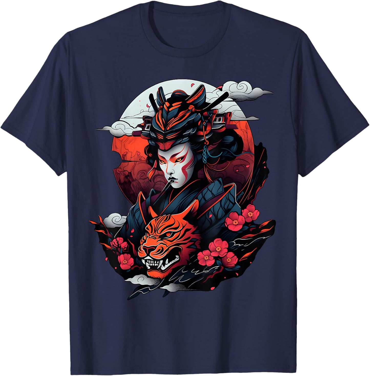 Samurai and Tiger Bold Graphic with Traditional Japanese Art T-Shirt - T-Shirt | Navy