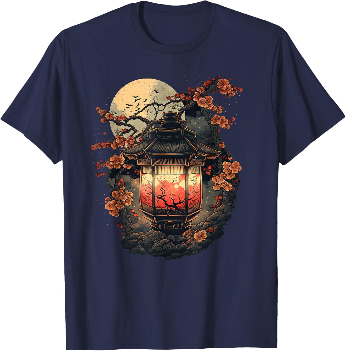 Japan Art Japanese Pagoda Lantern Sakura Blossom Aesthetic T-Shirt - T-Shirt | Navy
