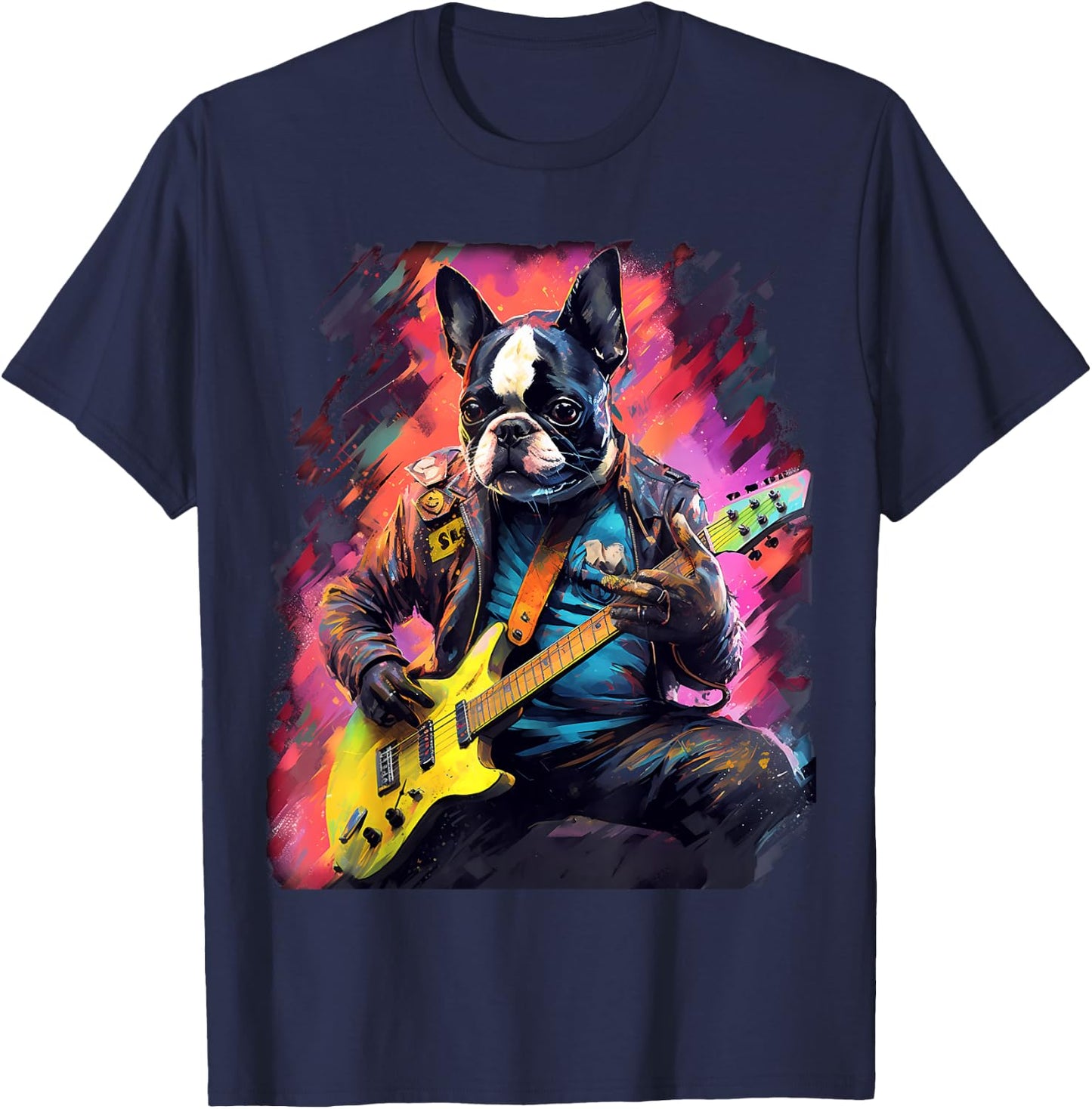 Rock Guitar Boston Terrier Dog Guitarist T-Shirt - T-Shirt | Navy