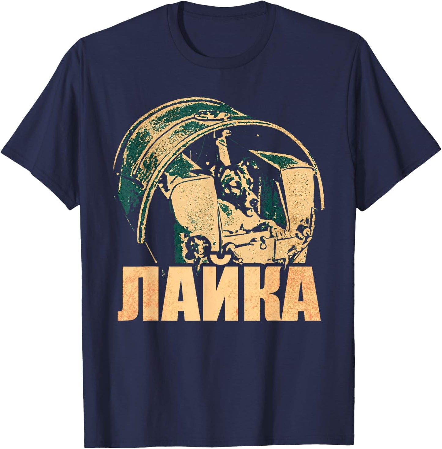 Laika Dog Animal Space Astronaut Soviet Union Cyrillic T-Shirt - T-Shirt | Navy