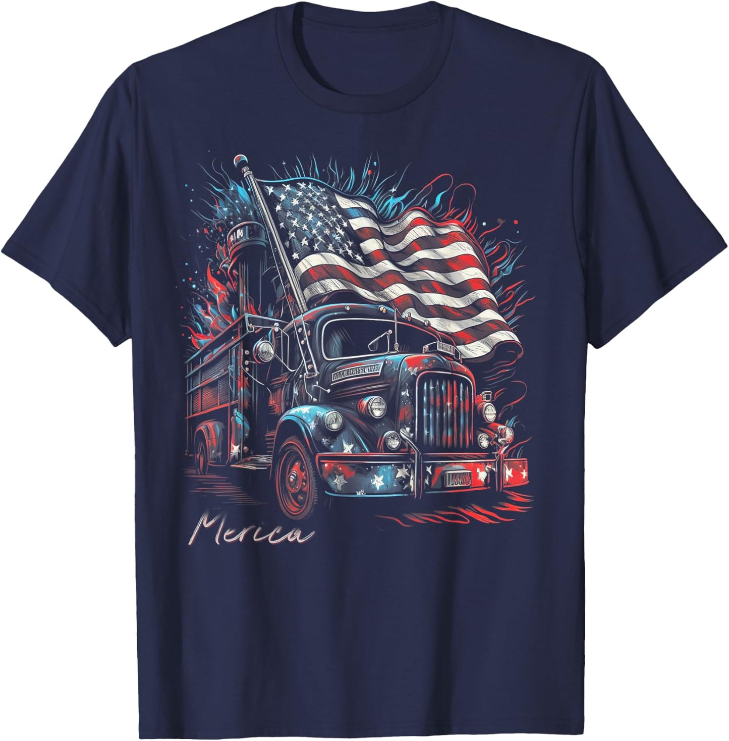 Fireman Firefighter 4th of July American Flag USA Funny T-Shirt - T-Shirt | Navy