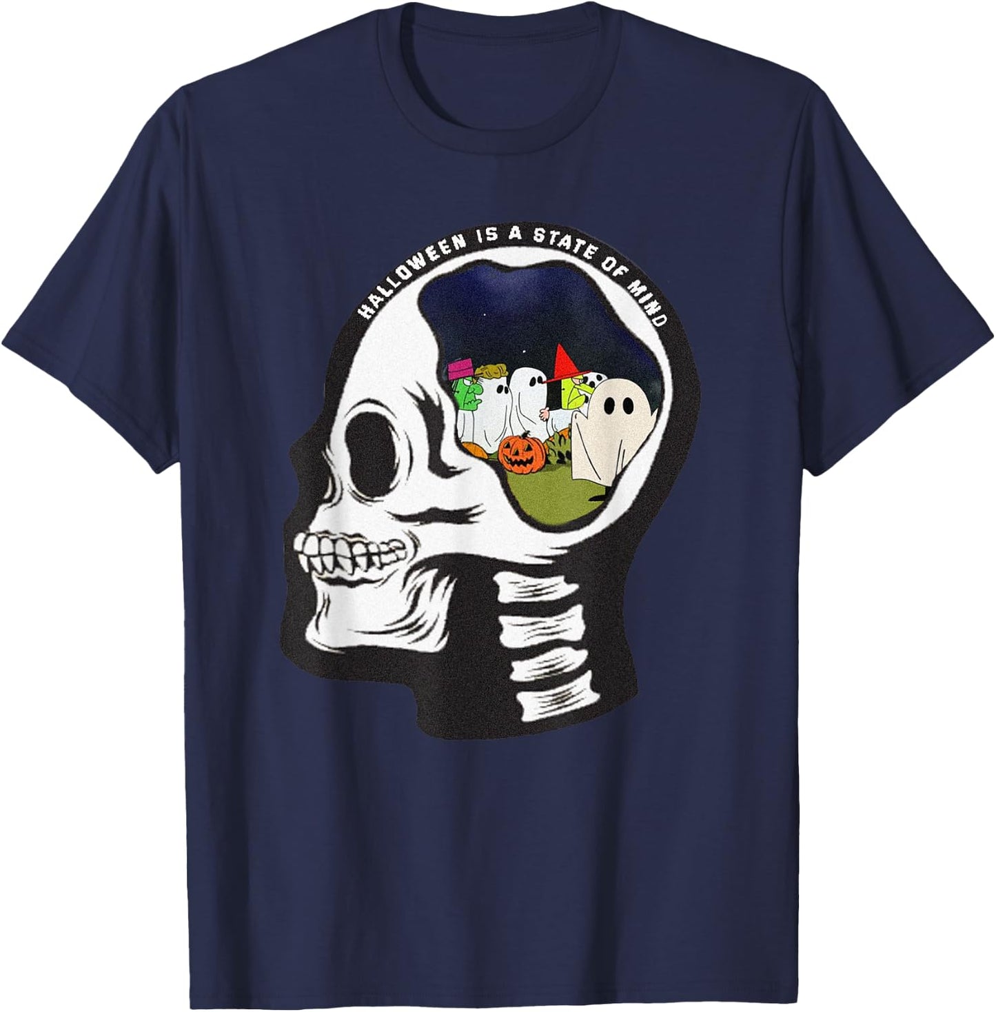Halloween is a State of Mind Pumpkin Ghost Skeleton Retro T-Shirt - T-Shirt | Navy