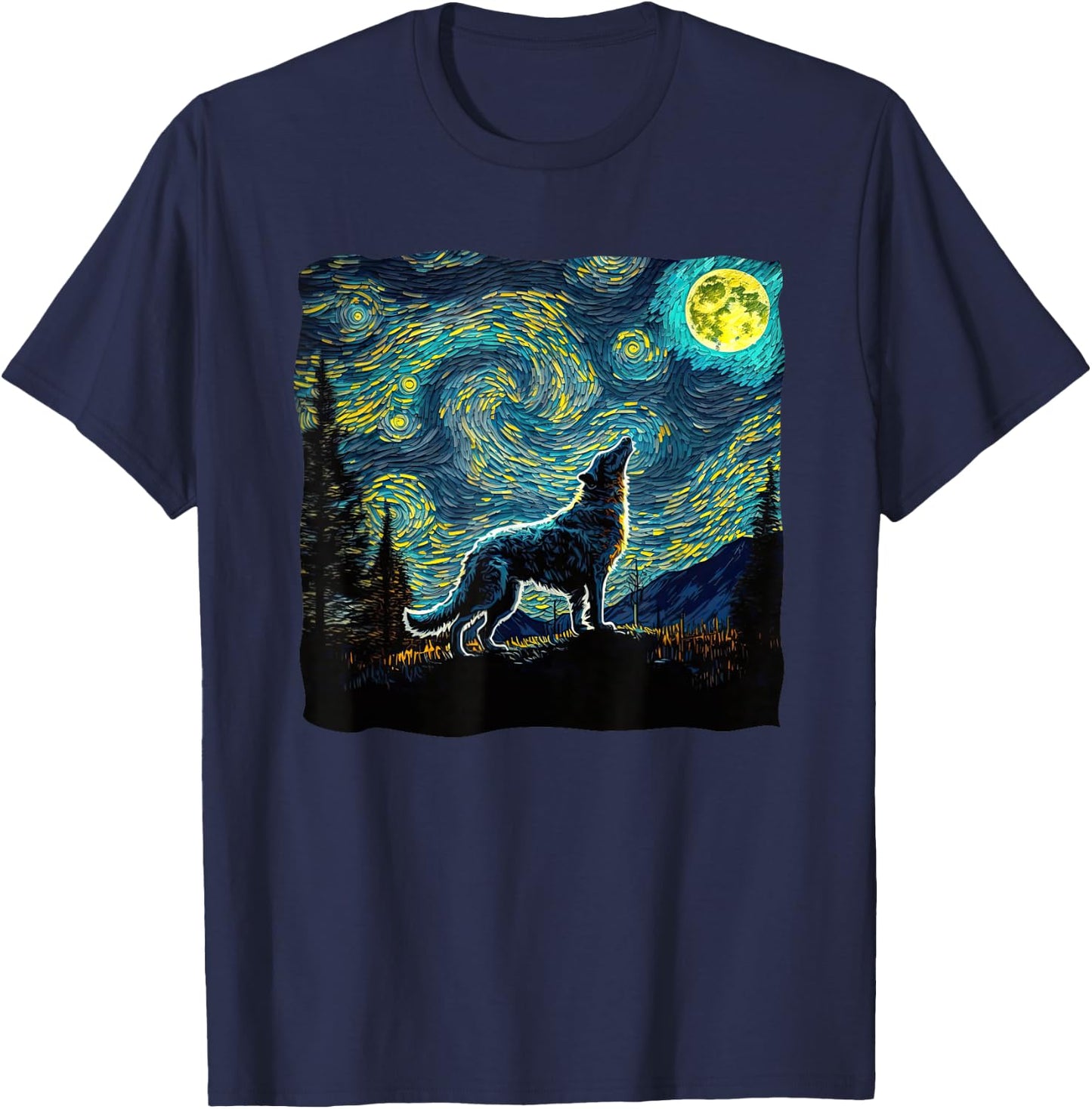 Wolf Starry Night Wilderness Howling Moon Van Gogh Painting T-Shirt - T-Shirt | Navy