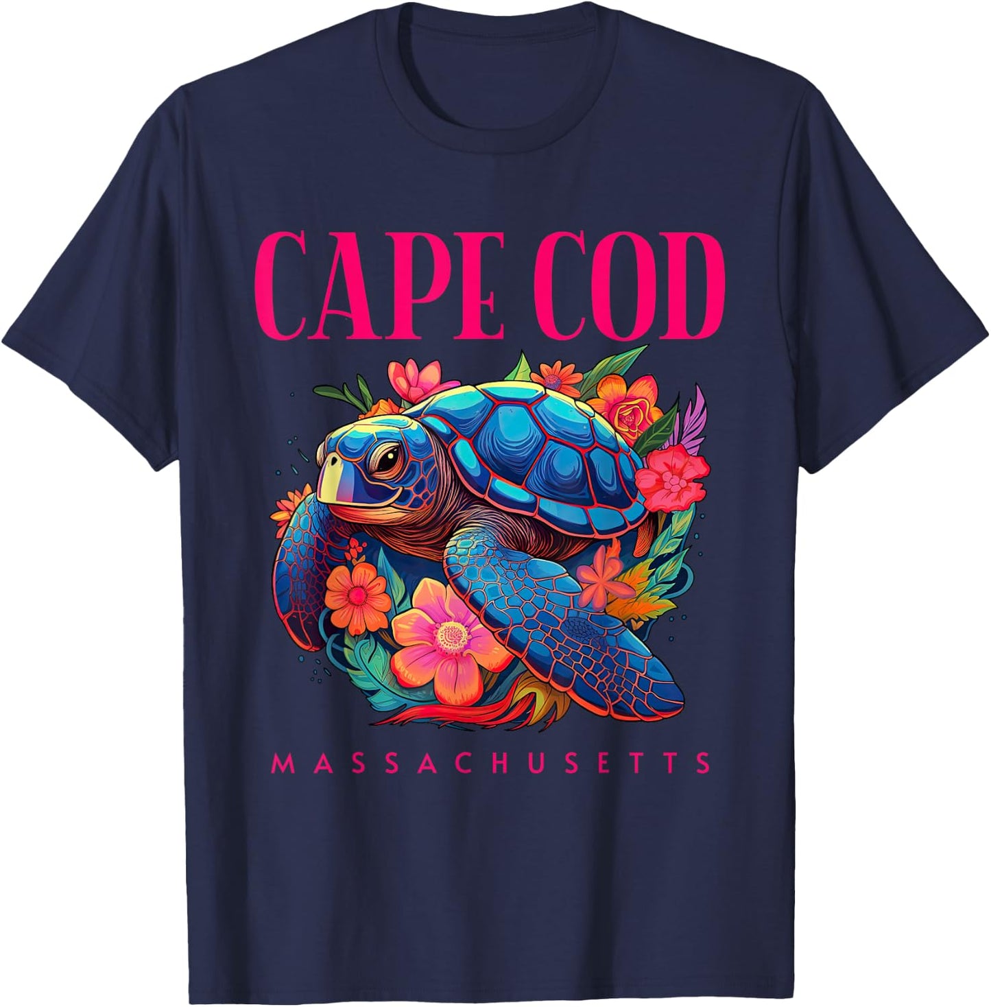 Cape Cod Massachusetts Floral Beach Turtle Souvenir T-Shirt - T-Shirt | Navy