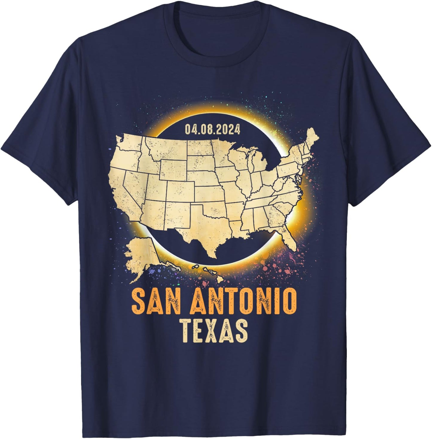 Total Solar Eclipse 2024 San Antonio Texas USA Map Colorful T-Shirt - T-Shirt | Navy