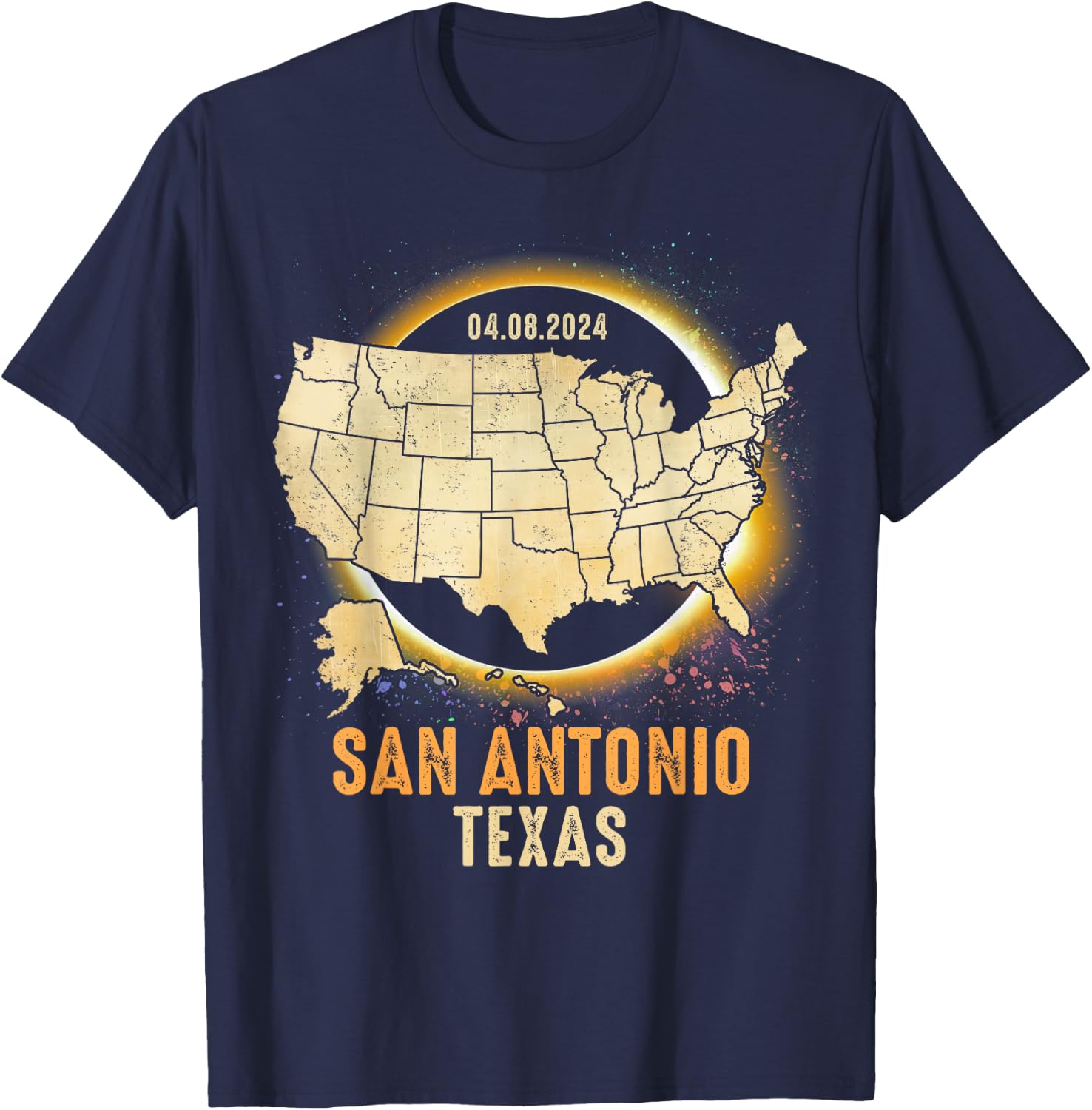 Total Solar Eclipse 2024 San Antonio Texas USA Map Colorful T-Shirt - T-Shirt | Navy
