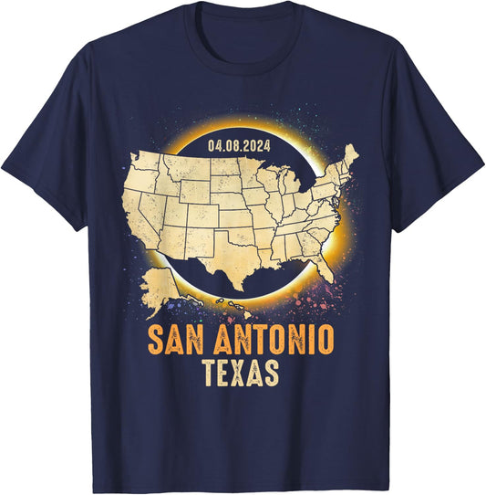 Total Solar Eclipse 2024 San Antonio Texas USA Map Colorful T-Shirt - T-Shirt | Navy